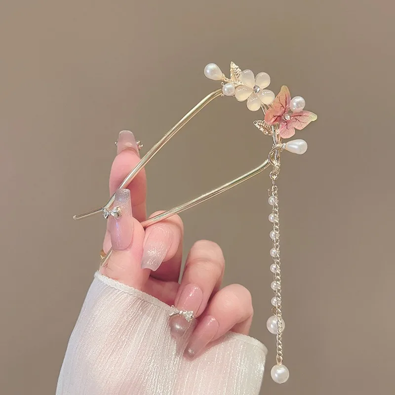 رائعة وعصرية المعادن زهرة فراشة شرابة النمط الصيني فتاة U على شكل Hanfu مشبك شعر أغطية الرأس مجوهرات عصا الشعر