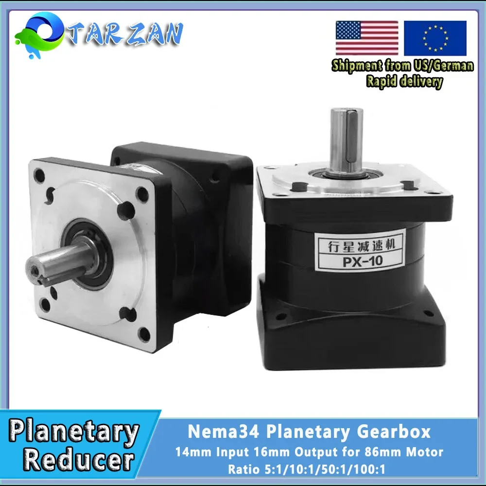 

Planetary Gearbox Ratio 5:1/10:1/20:1/50:1/100:1 For Nema 34 86mm Stepper Motor Reducer 14mm Input 16mm Output Step-down Gearbox