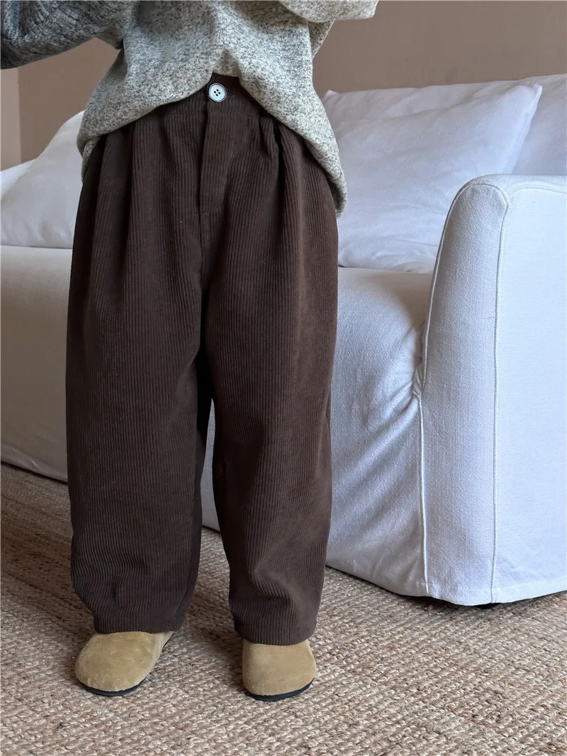 Winter New Style Korean Boys Girls Corduroy Velvet Pants Children Loose Coffee Color Solid Fashion Warm Wide Leg Pants