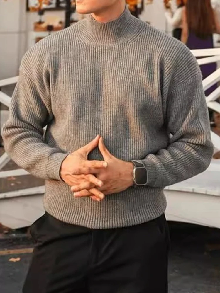 

Fall Winter Outdoor Casual Men's Knit Sweaters Vintage Solid Color Mock Neck Jumper Tops For Men Trendy Slim Bottoming Sweater