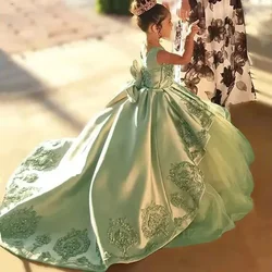 Customized Green Flower Girl Dresses For Wedding Floor Length Appliques With Bow Kids Birthday Party First Communion Ball Gown
