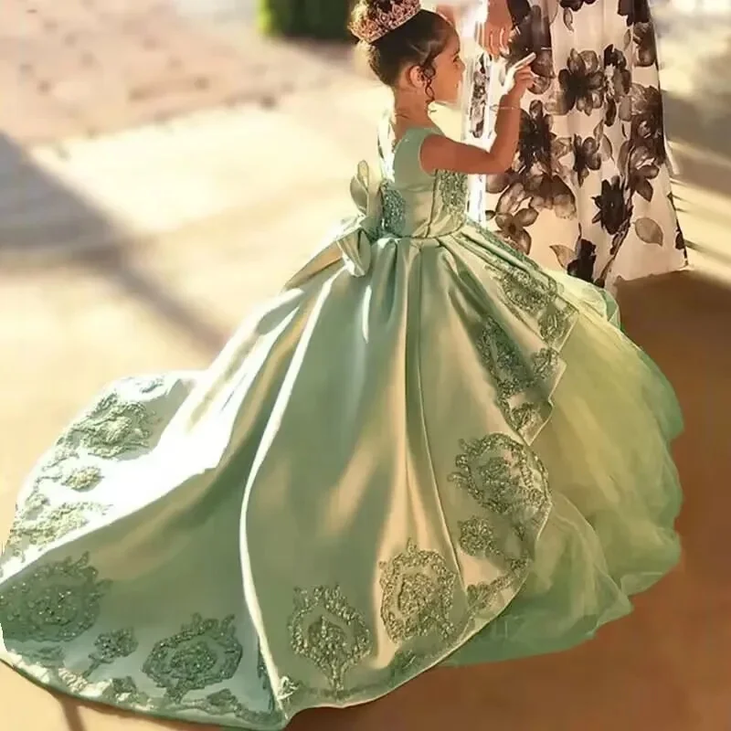 Customized Green Flower Girl Dresses For Wedding Floor Length Appliques With Bow Kids Birthday Party First Communion Ball Gown
