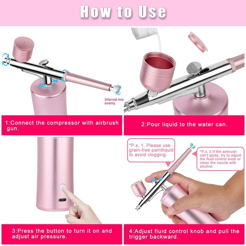 ABRE-Airbrush Kit With Compressor, 0.3Mm Nozzle Oxygen Syringe, For Skin Moisturizing, Nail Art, Tattoo, Painting,Makeup,Cake