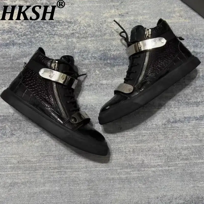 HKSH Spring Autumn New Men Tide Dark Punk Original Leather Double Zippers Buckle Rivet High-top Sneakers Versatile Shoes HK25339