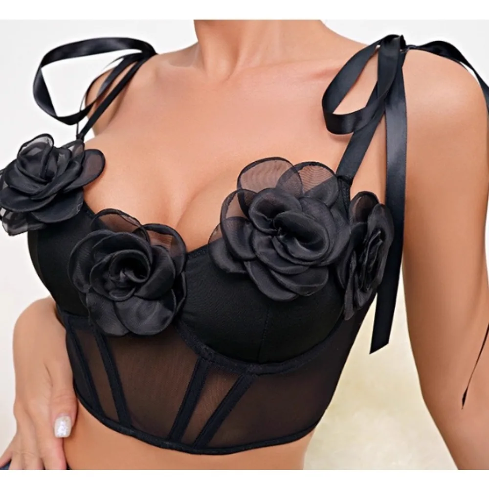 Women Elegant Chic Off Three-dimensional Flower crop Top Slim vintage Sexy tank Top Summer sweet Camis Corset Bustier