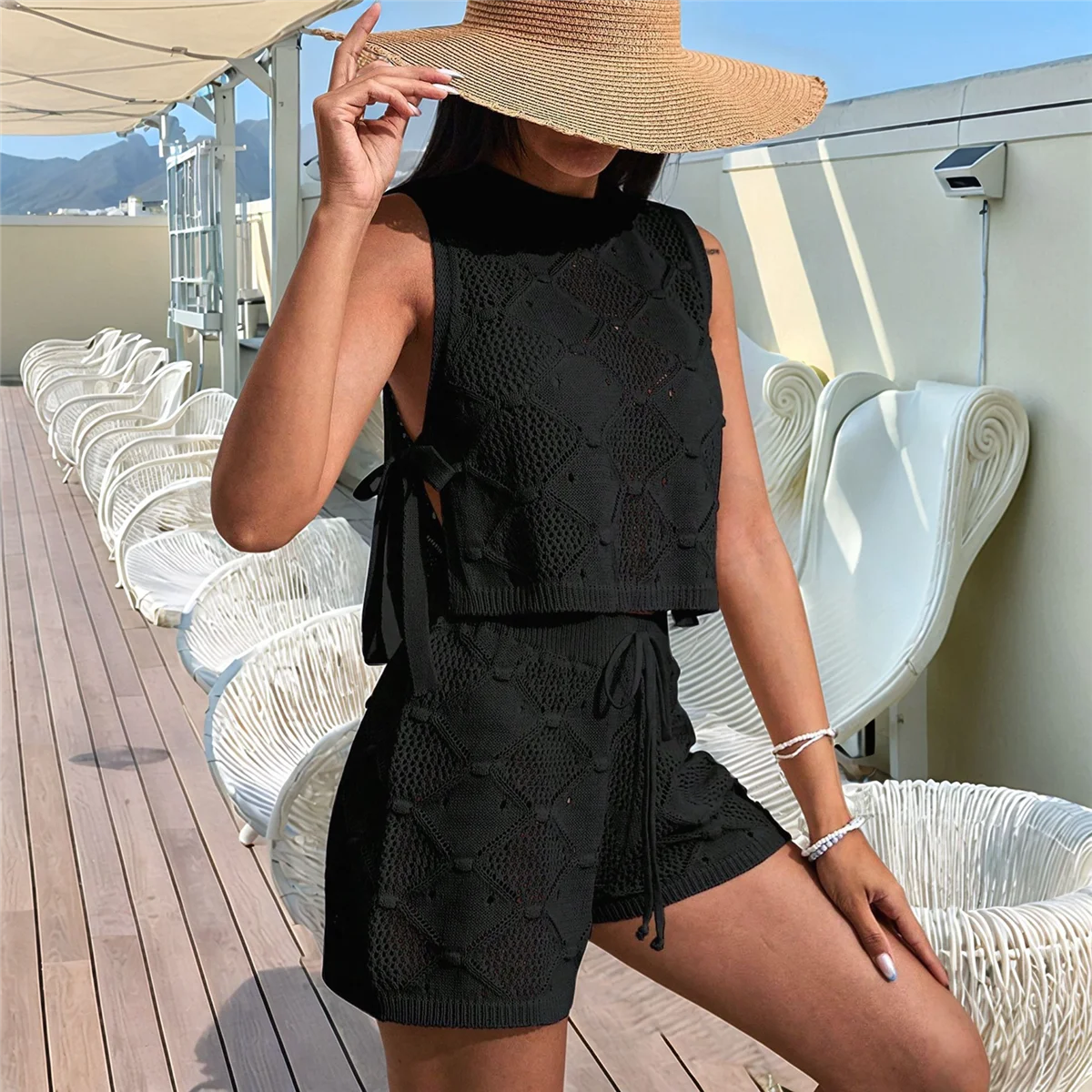 2-teiliges Häkel-Outfit für Damen, aushöhlen, gestrickt, ärmellos, Badeanzug, Überzug, lässiges Oberteil, Shorts-Set, Strand-Set, Schwarz, L