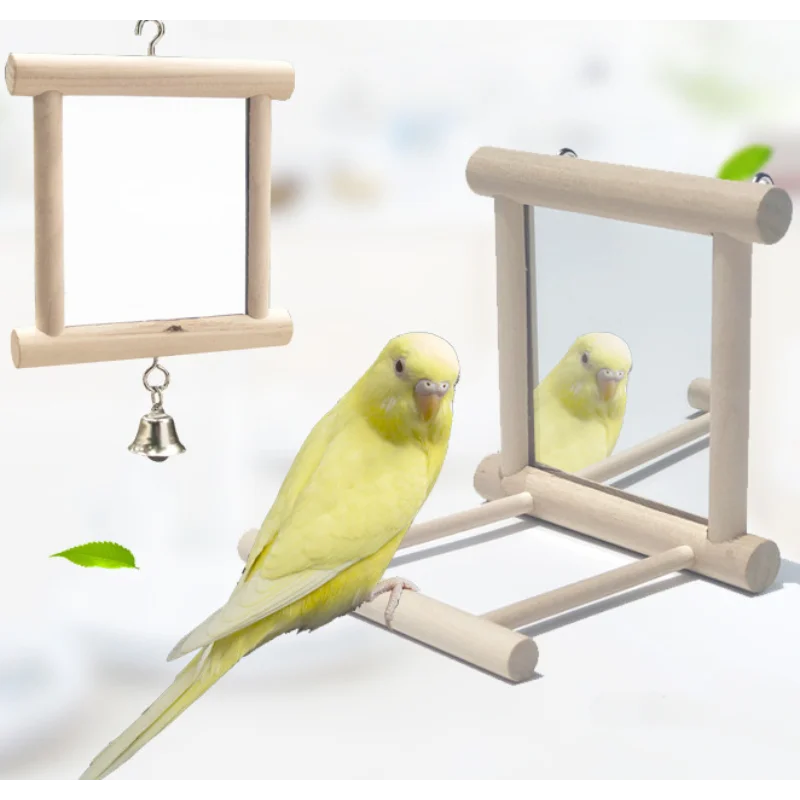 Bird Mirror Interactive Play Toy Wooden Perch Hanging Toy for Parrot Budgie Parakeet Cocker Conure Finch Budgie Bird Supplies