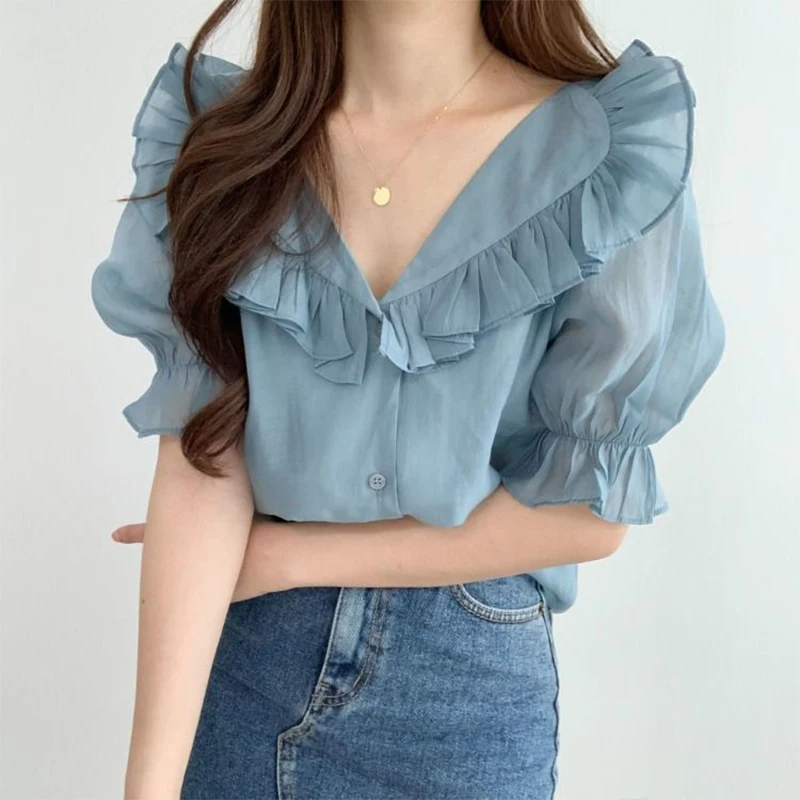 2022 New Women Summer Elegant Ruffled Collar Puff Sleeve Blouses Solid Lady Loose Short Sleeve Shirt Sweet Chiffon Female Tops