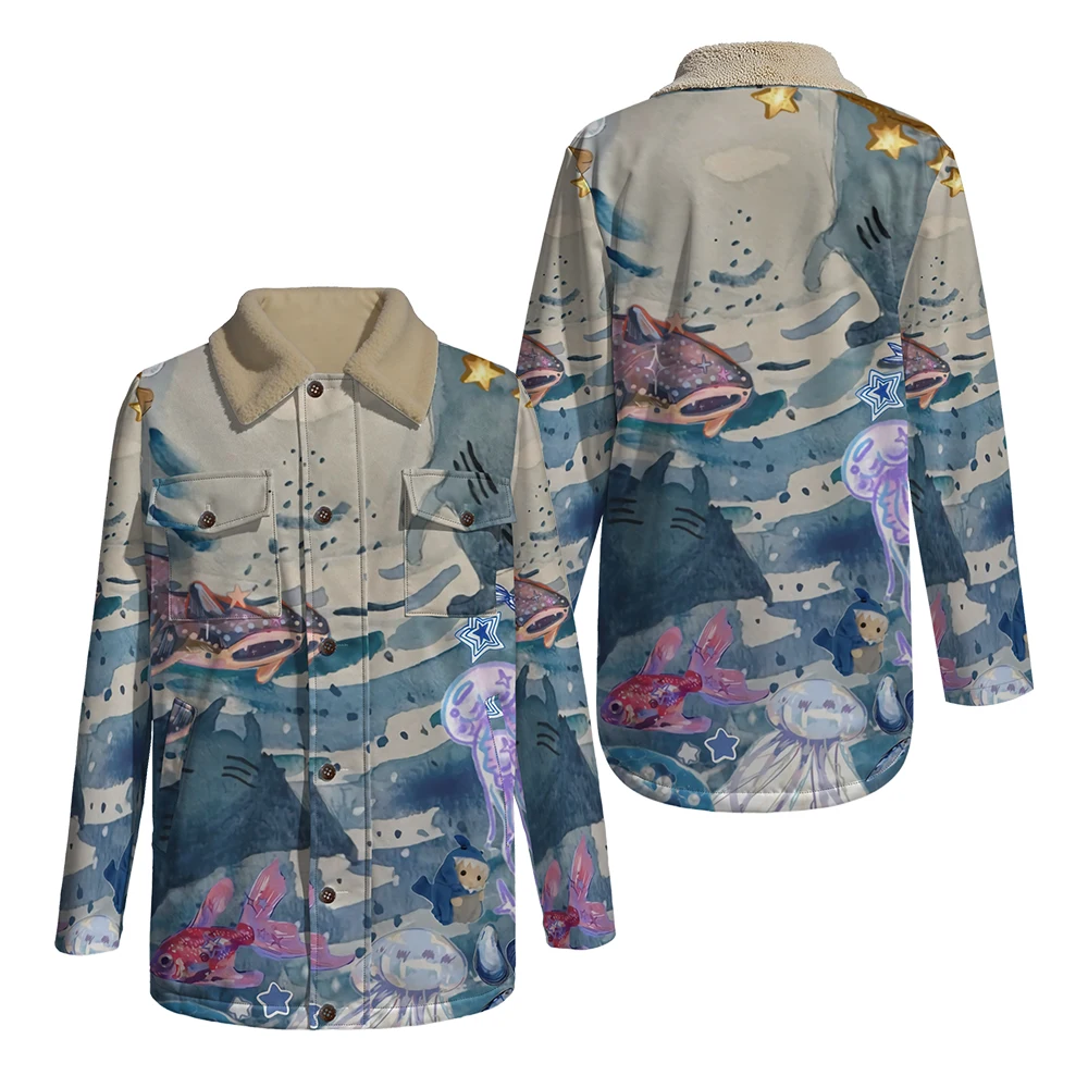 Ocean Theme Sea Turtle Jellyfish Print Long Coat Fleece Lined Jacket Faux Fur Collar Windbreaker Reels Fashion Trend Clothing