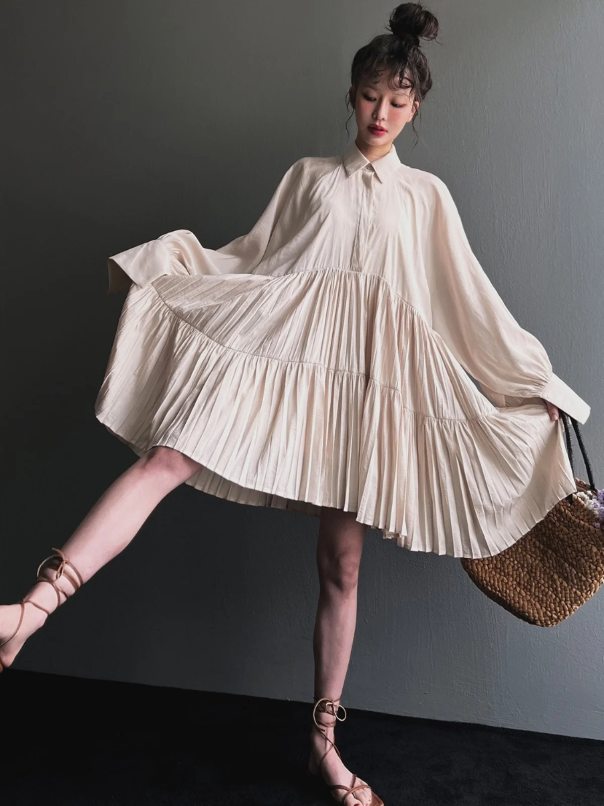 Ele Me Strap Dr femmes automne nouveau polyvalent col Vintage simple bouton irt gâteau jupe coréenne Sle taille ample