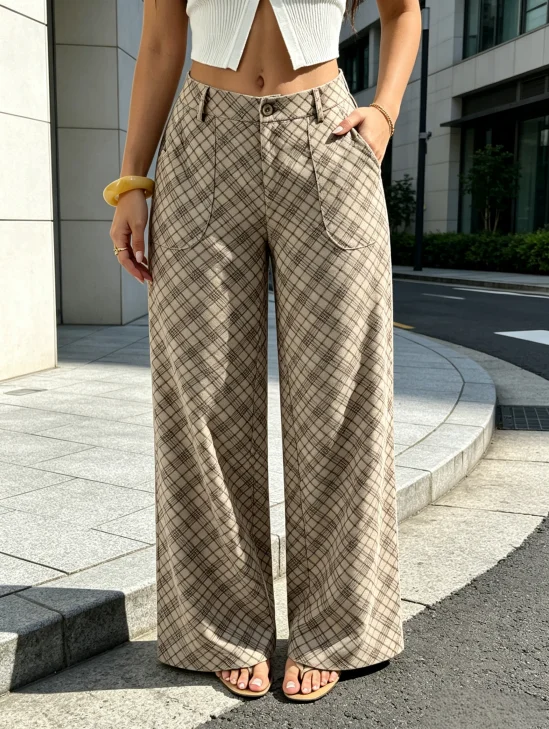 Damen Kunstwildlederhose mit hoher Taille, weitem Bein, Knopf- und Reißverschluss, großen aufgesetzten Taschen, locker geschnittene gerade Hose, lässige Streetwear, bodenlang. – Detail 1