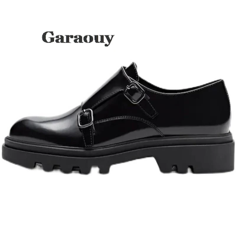 Vintage Brogue Shoes For Woman Buckle Black Genuine Casual Flats Shoes British Thickness Single Shoes Loafers Chaussure Femme