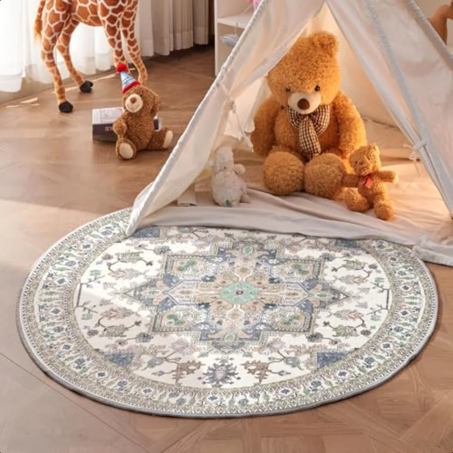 

Soft Round Rug 4ft Washable Circle Rug 4ft with Non Slip Backing Play Room LowPile Carpet 4 ft Small Faux Cashmere Throw Carpet