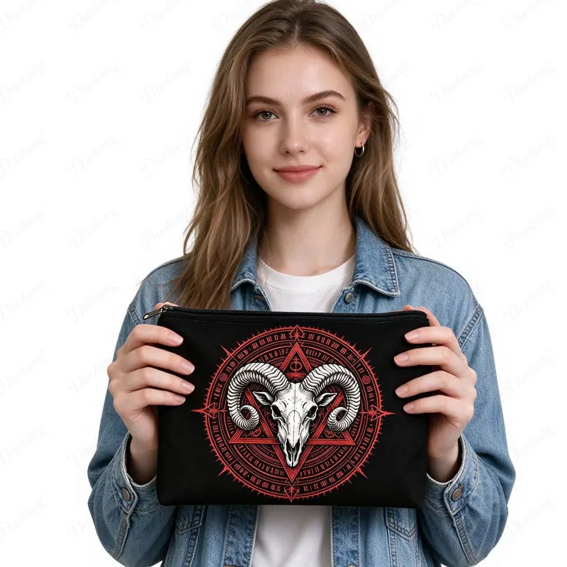 Dark Witchcraft Witchy Black Cat Pattern Cosmetic Case Mysterious Goat Skull Bat Women Makeup Lipstick Storage Wash Zipper Pouch
