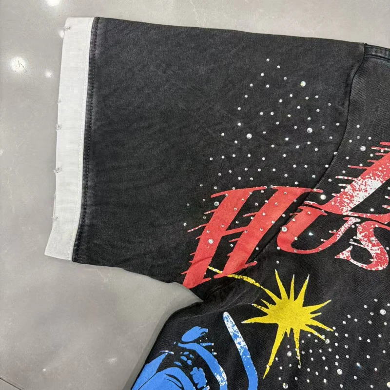 Retro Color Contrasting Hot Diamond Men Women Casual Trend LIFE HUSTLERS T-shirt Printed Worn-out Short Sleeved Top