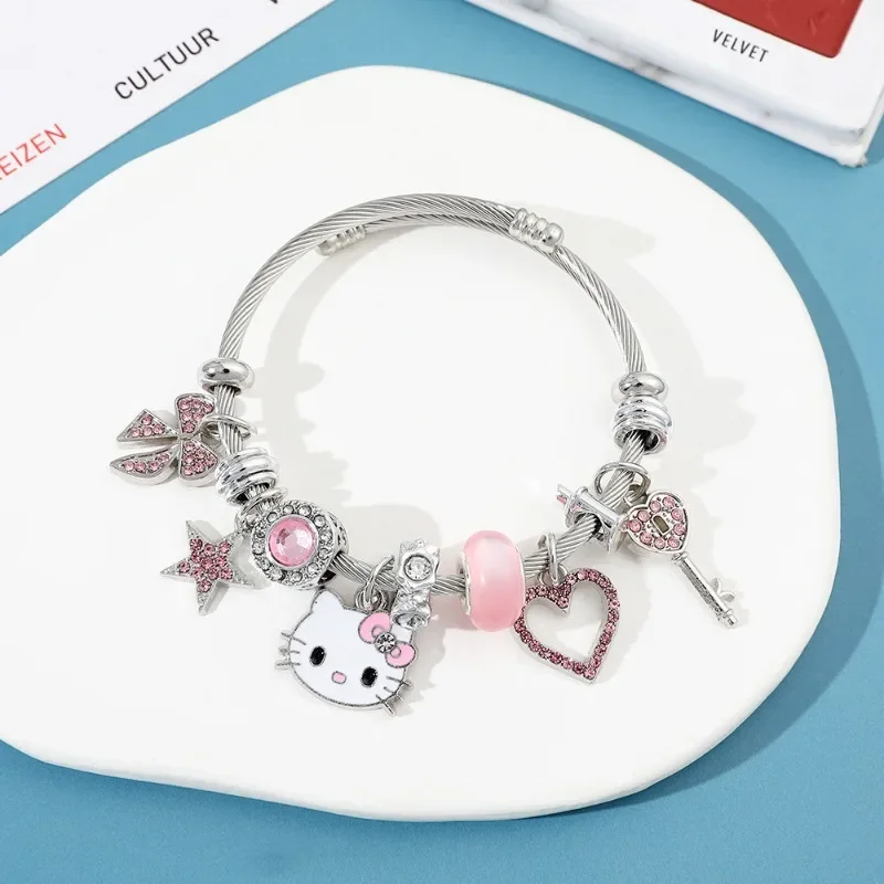 Sanrio Hello Kitty Bracelets Cute Anime Cartoon Silver Rhinestone Kawaii Women'S Girls Glitter Jewelry Accessories Holiday Gifts