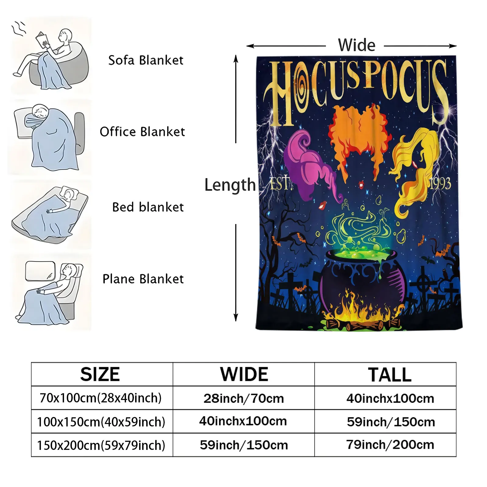 Hocus Pocus Witch Cauldron Halloween Flannel Throw Blanket Soft Lightweight Plush Microfiber Warm Sofa Bed Blanket Holiday Gift