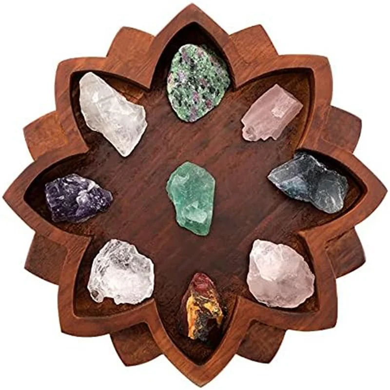 

ABRS-6X Lotus Crystal Tray Wooden Lotus Shape Crystal Display Tray Retro Jewelry Essential Oil Crystal Storage Box