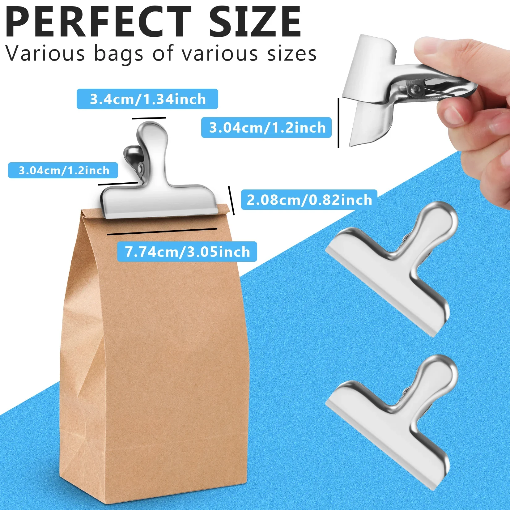 Stainless Steel Clips, Chip Bag Clips Heavy Duty Food Clips Round Edge Air Tight Seal Grip for Office Kitchen Home Usage Storage