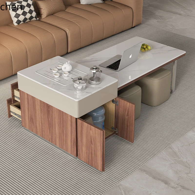 HT light luxury natural marble functional telescopic coffee table modern living room home high-end tea integrated coffee table
