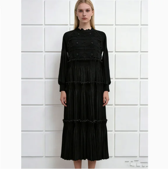 Miyake plissado em camadas vestido nicho design jacquard tecer doce solto vintage moda elegante 2026 primavera verão novo tamanho livre