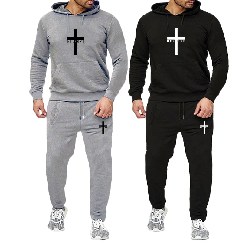 

Tuveke Latest Fall Winter I Believe in Christian Jesus Logo Casual Suit Solid Color Hooded Drawstring 2-Piece Set (S-4XL)