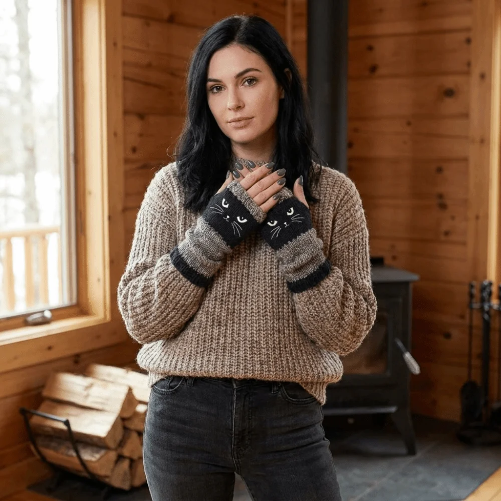 Thickened Knitted Fingerless Gloves Soft Color Block Half Finger Gloves Windproof Thick Cat Embroidery Gloves Office Typing