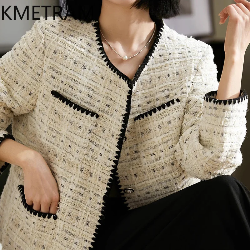 KMETRAM White Tweed Jackets High Quality New in Outerwear O-Neck Elegant Short Coat Fall Clothes Women 2024 Chaquetas Para Mujer