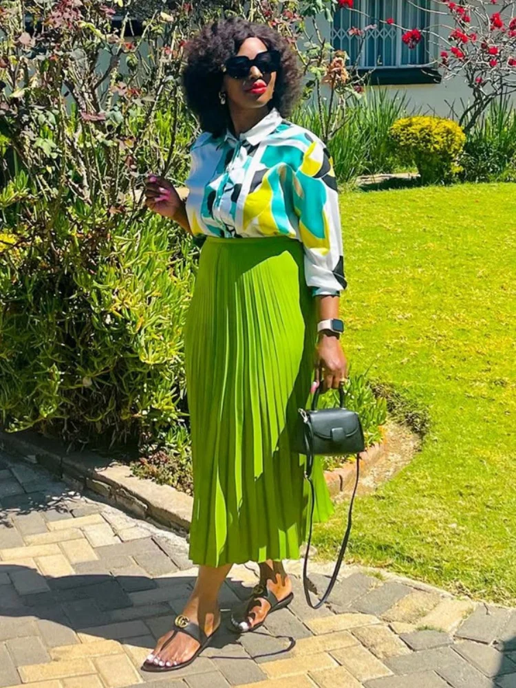 

Sister Star 2025 Women's High Waist Slim Solid Color Drape Printed Shirt Top Half Body Skirt Fashion Two Piece Set