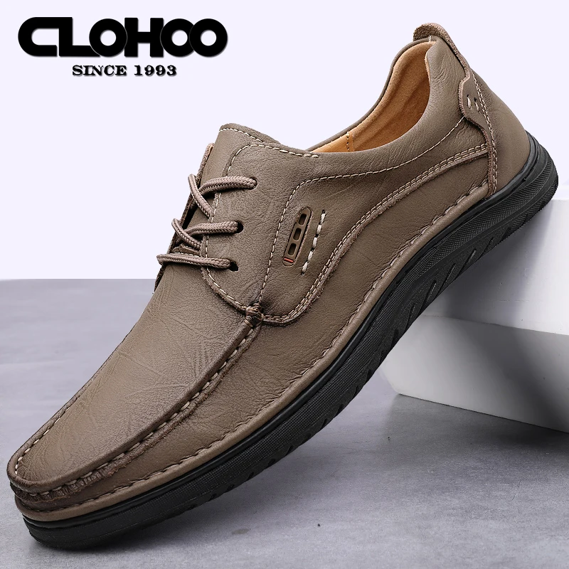 CLOHOO two layer cowhide thick bottom breathable casual leather shoes men's Loafers classic hand-stitched men's shoes