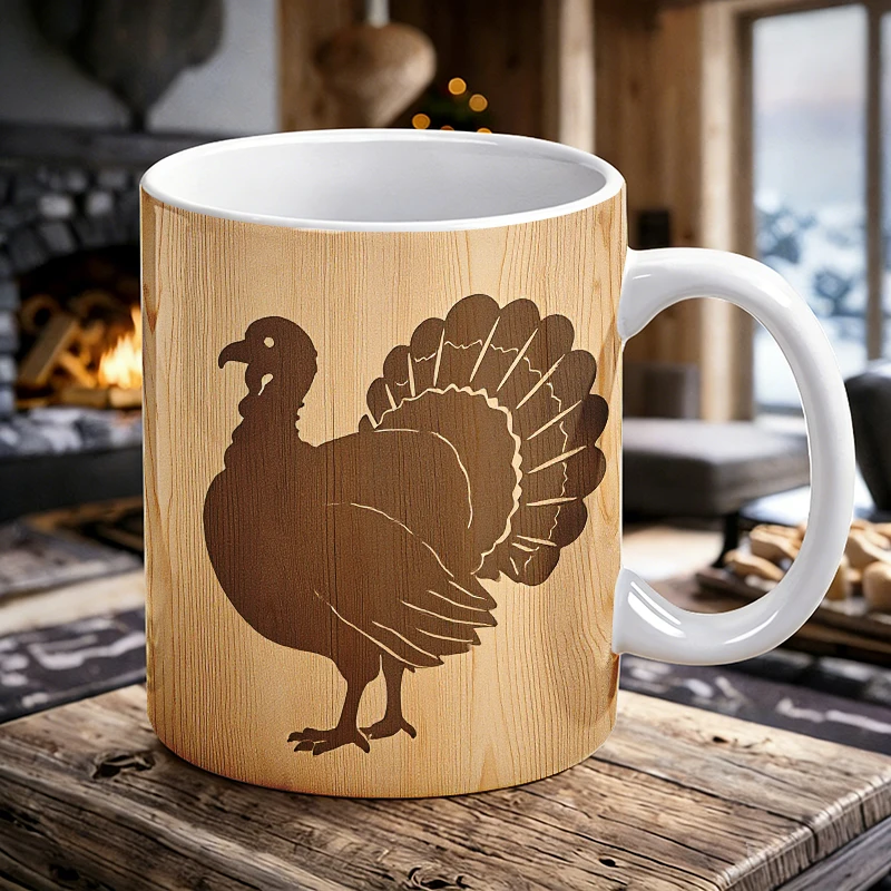 

11 oz Wood Grain Turkey Handle Ceramic Mug, Full Print Pattern Coffee Cup, Insulated Milk Cup, Office Water Cup, Fade-Resistant