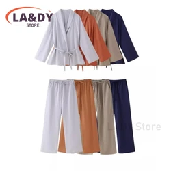 Sets Women 2024 Summer Fashion Loose Long Sleeves Kimono Coats + Solid Color High-Waisted Lace Up Casual Pants Suit Female