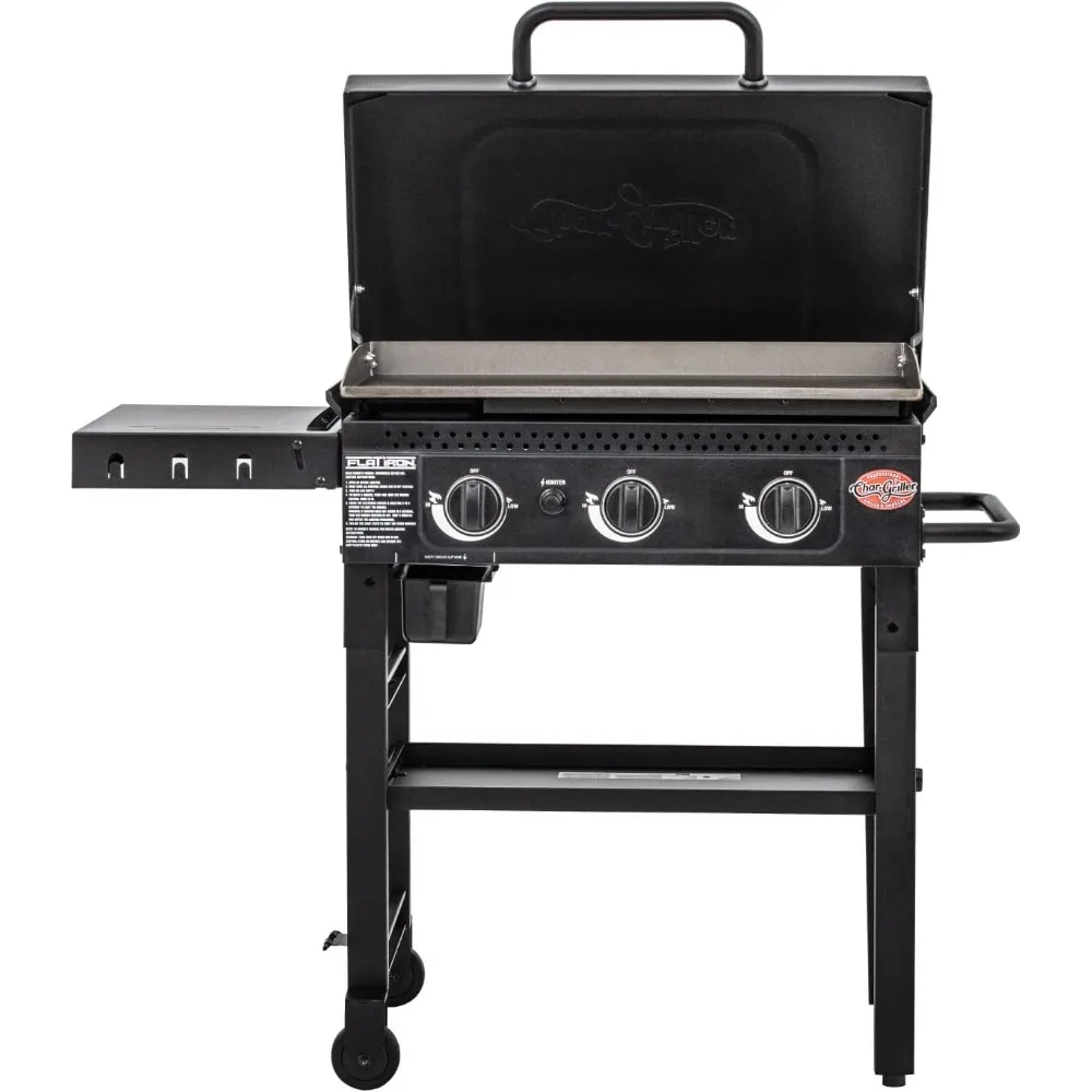 Flat Iron 3-Burner Propane Gas Flat-Top Griddle with Steel Griddle Top, Hinged Lid and Wind Guards, 520 Cooking Square Inches