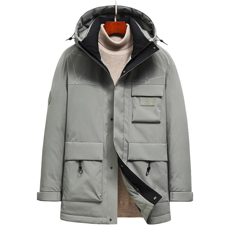 Men's Mid Length Hooded Down Jacket 2023 Winter Warm and Thickened Work Clothes Casual Jacket