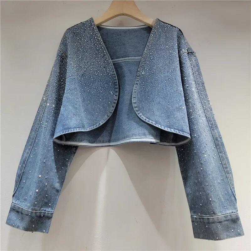 ANJY 2025 خريف جديد إمرأة قصير مستقيم كم طويل صدرية قطعتين الدنيم سترة موضة الماس مزين لامعة A15508 #3