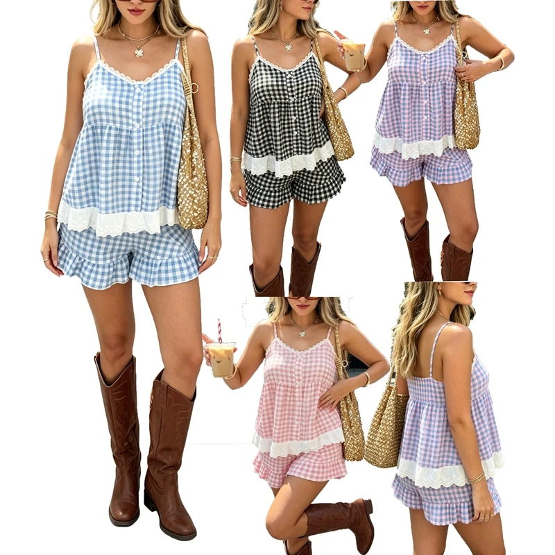 Women's Plaid Babydoll Pajamas 2Piece Set Lace Trim V Neck Sleeveless Spaghetti Strap Button Ruffle Hem Tops + Shorts
