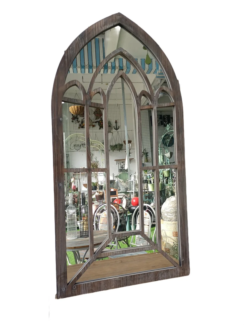 Cathedral Style Decorative Mirror, Fake Window, Vintage Wooden Frame, 18x28 Inches