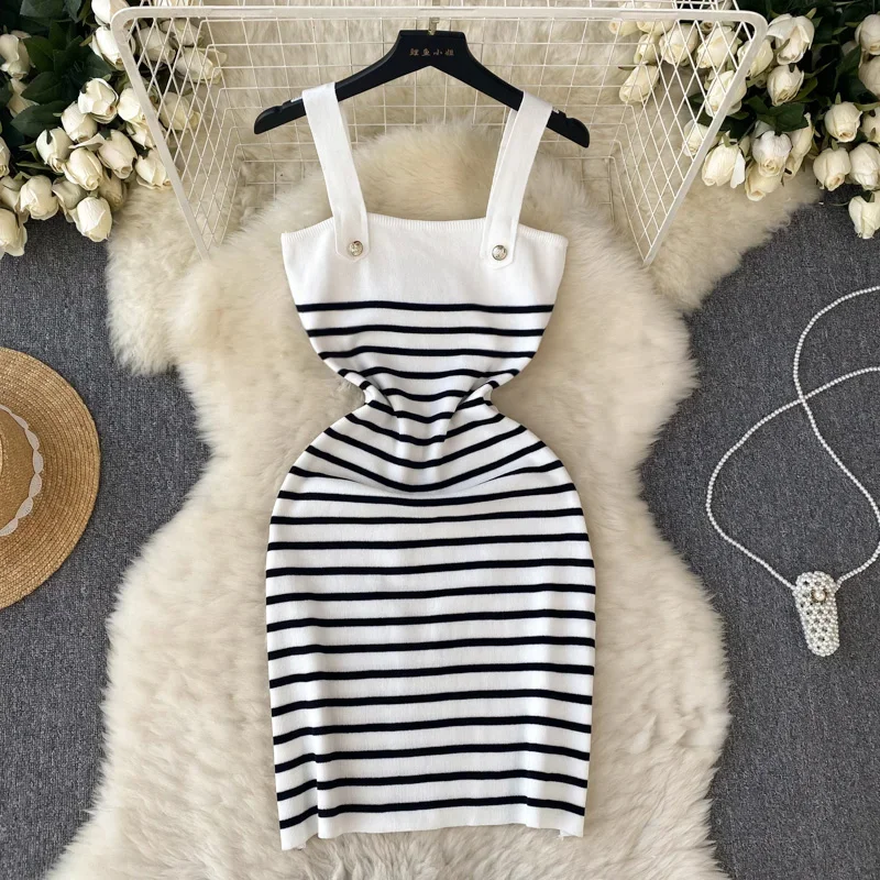 Striple 2024 Sexy Summer Knit Strap Dress Women Tank Elatic Waist Bodycon Sundress Female Beach  Backless Midi Dress