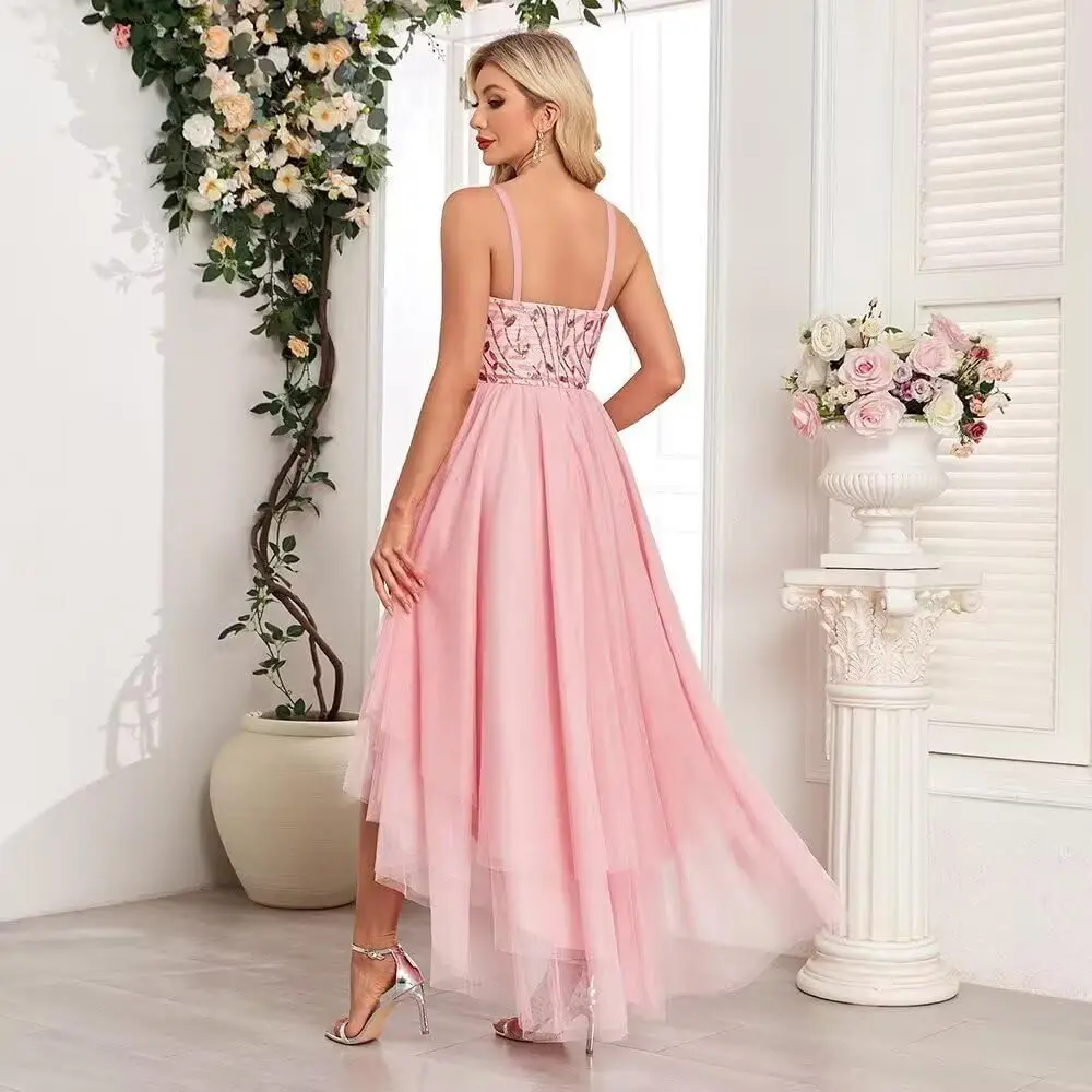 فساتين وصيفة العروس من الترتر على شكل حرف A من التول المطرز على شكل قلب وحزام سباغيتي فستان رسمي للحفلات للنساء للسهرات