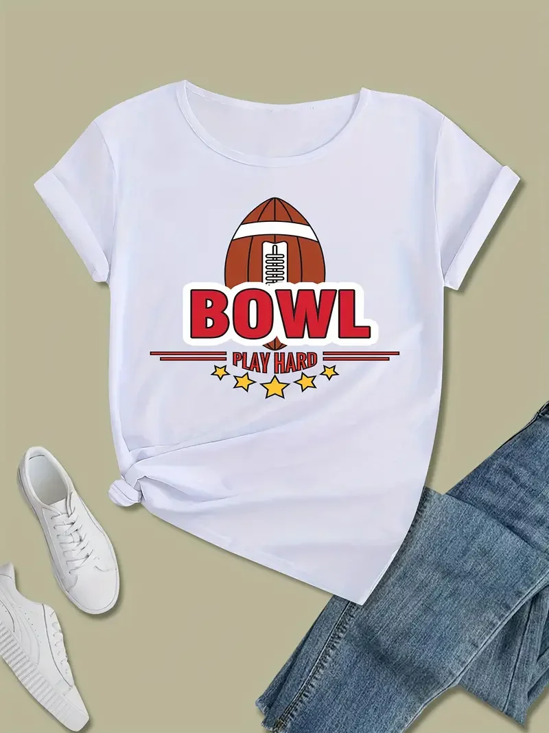 Bowl Play Hard	Women t shirt Summer Fashion Short sleeved T-shirt Tee Tops Printed O-neck Casual T-shirt Women's Clothing