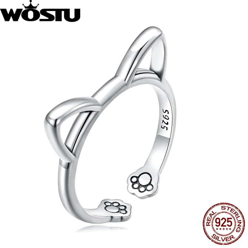 WOSTU Fashion 925 Sterling Silver Simple Cat Adjustable Ring For Women S925 Silver Animal Open Rings Fine Birthday Jewelry Gifts