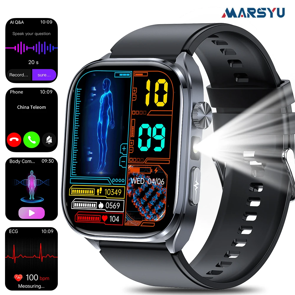 Marsyu AI Smartwatch EKG+HRV Sauerstoff Blutfette Harnsäure Mikro-Untersuchung Taschenlampe 2.5D UI Sprachanruf Smartwatch für Männer und Frauen