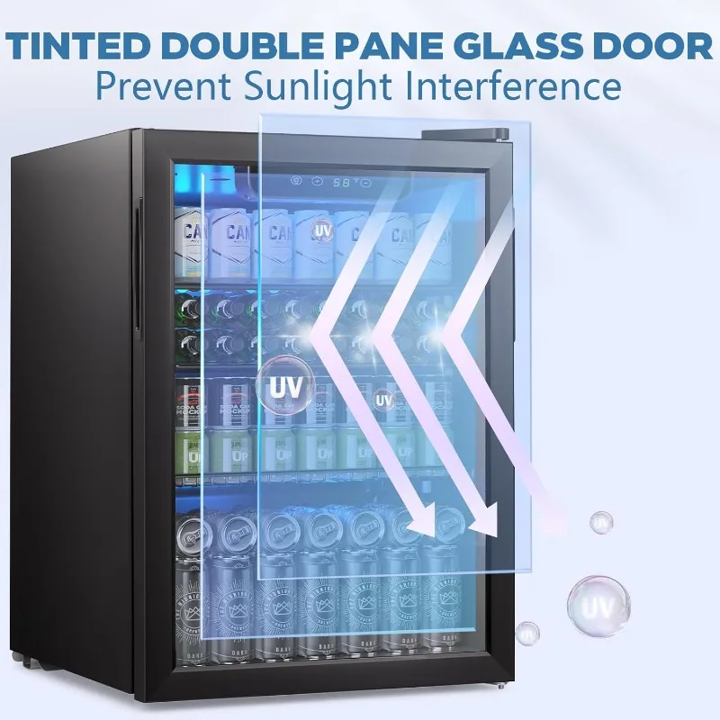 Joy Pebble Beverage Refrigerator Cooler 2.6 Cu.Ft, 95 Can Mini Fridge with Glass Door for Beer Drinks with Adjustable Thermostat