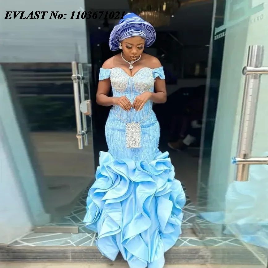 

EVLAST Gorgeous Blue Nigerica African Evening Dress Lace Beading Ruffle Mermaid Prom Dress Long Aso Ebi Women Party Gown P168