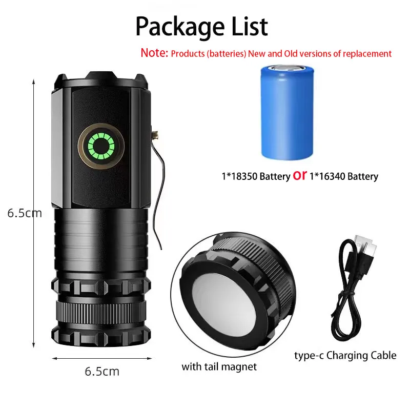 3LED Mini Flashlight Rechargeable EDC Torch Waterproof Hiking Camping Portable Flashlight 16340Battery with Pen Clip Tail Magnet