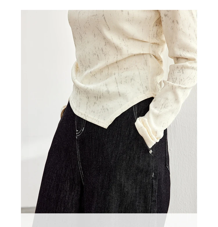 SENTUBILA Baumwoll-Druck-T-Shirt für Damen, Falten, unregelmäßiger Strick, Rundhalsausschnitt, lange Ärmel, einfache Crop-Tops, Frühjahr 2026, 151T58434 – Detail 12