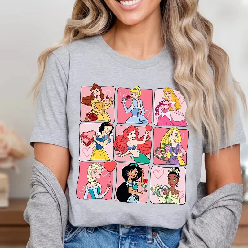 رائجة البيع 2025 ديزني الأميرة عيد الحب مطبوعة المرأة تي شيرت القطن الخالص قصيرة الأكمام رداء علوي غير رسمي هدية عيد