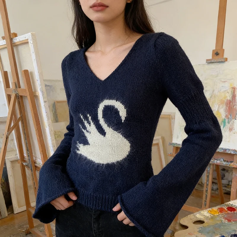 가을 감성 카와이 빈티지 우아한 니트웨어 만화 백조 자카드 긴팔 풀오버 타이트 O넥 트럼펫 소매 스웨터