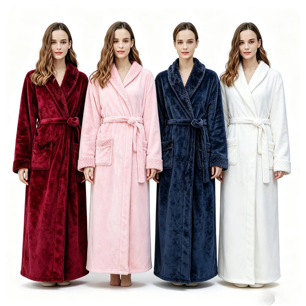 Women Pajamas Robe Winter Flannel Sleeping Robes Nightgowns Men Towel Tied Front Lapel Bathrobe Thicken Warm Adult Home Clothes