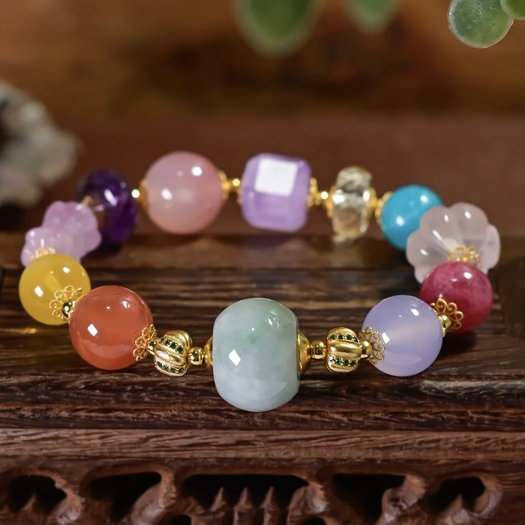 Natural Multi-Gemstone Bracelet, Yan Yuan Agate Jade Nanhong Amber Amethyst Amazonite 925 Silver, Chinese Style Jewelry Gift